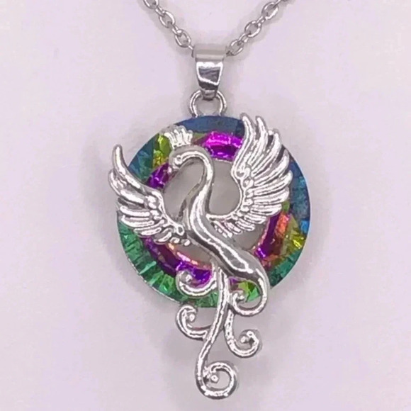 Gorgeous Rainbow Crystal Mystic Phoenix Rebirth Stainless Steel Necklace New NWT - Picture 1 of 3